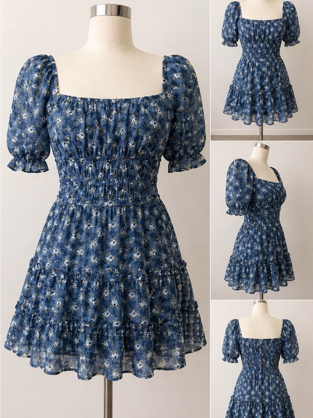 Alter’d State Blue Floral Puff Sleeve Dress Smocked Cottagecore S